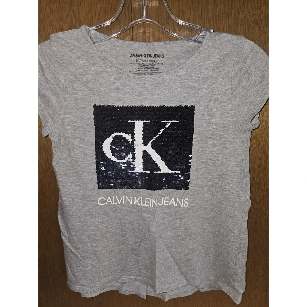 Calvin Klein Girls Sequin Gray T-Shirt Size 8/10